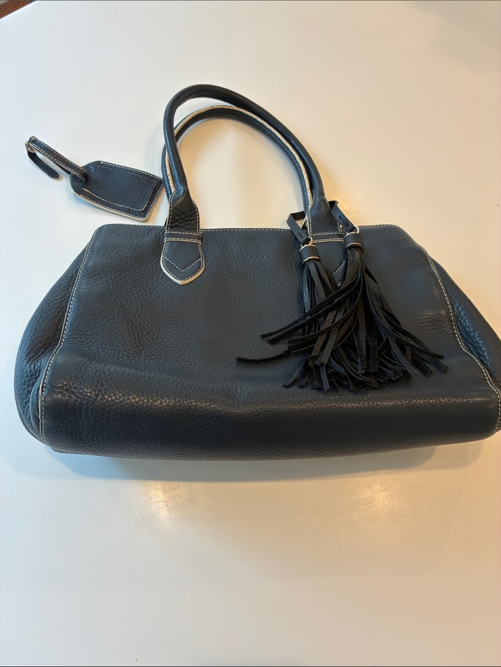 Leather Tassel Satchel Handbag in Black